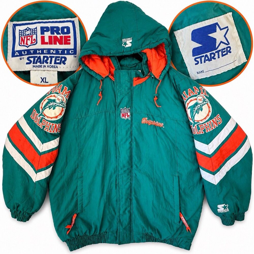 Vintage 90s Miami Dolphins Starter Pro Line Jacket XL NFL Hooded Puffer Teal